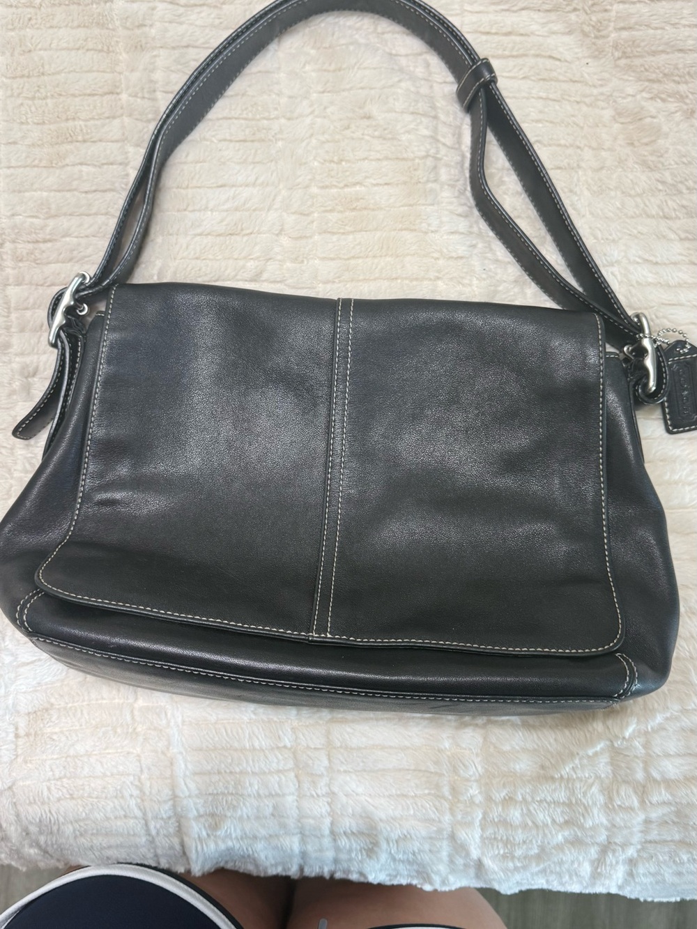 Coach legacy Black Leather Shoulder Bag with White Contrast Stitching